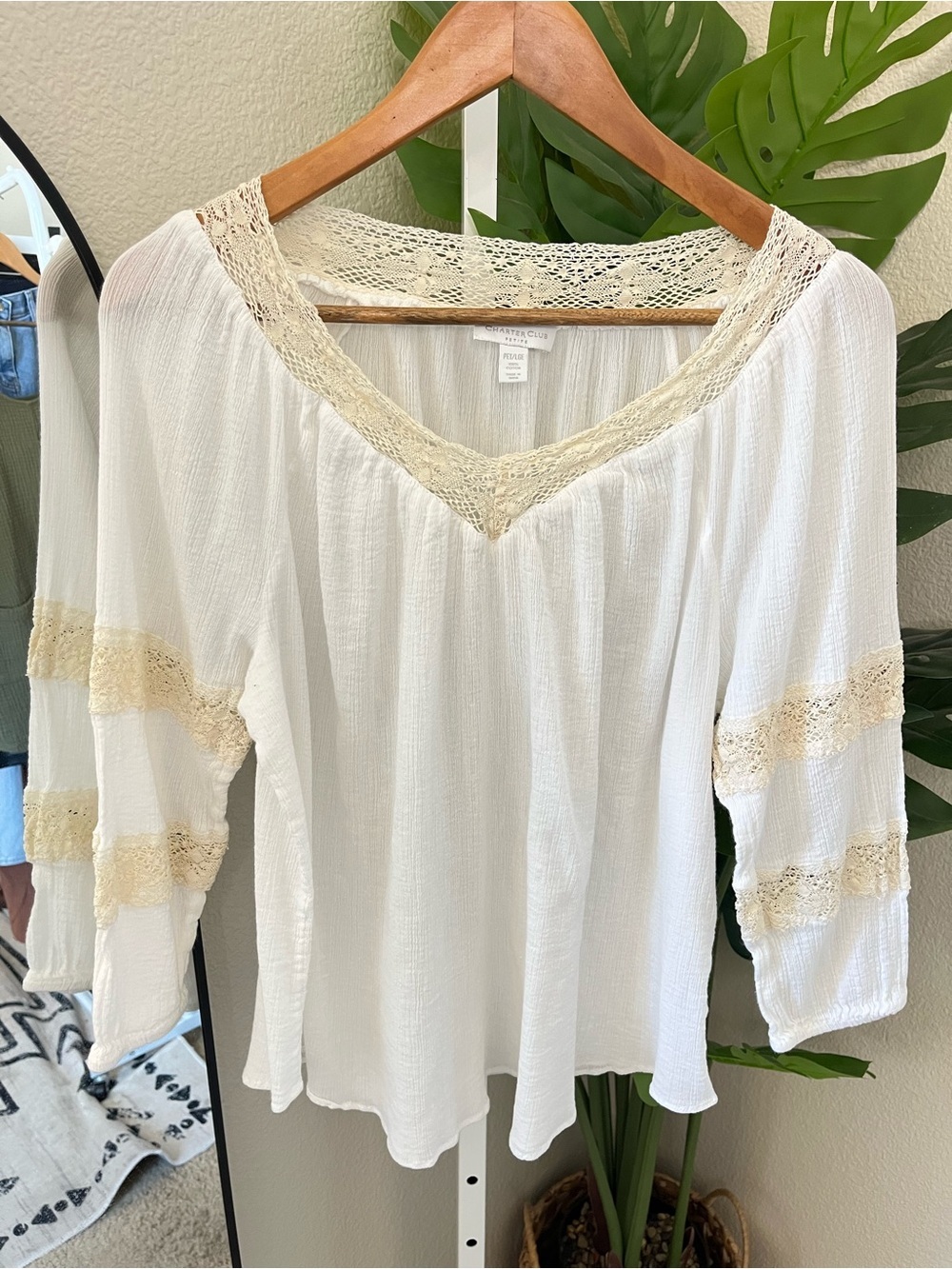 🤍 White Cotton Crochet Lace Peasant Blouse Size Petite Large
